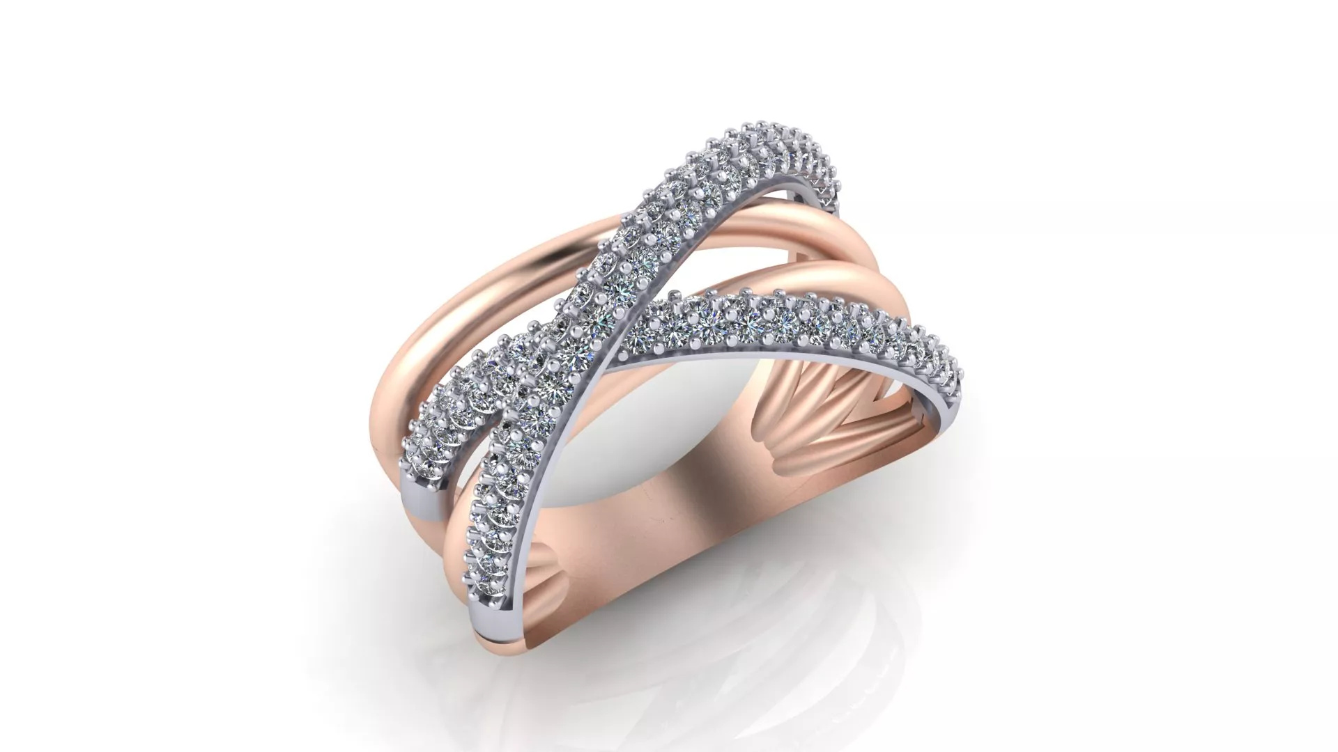 Rose Gold Two Tone X Crossover Pave Diamond Ring 3D print model
