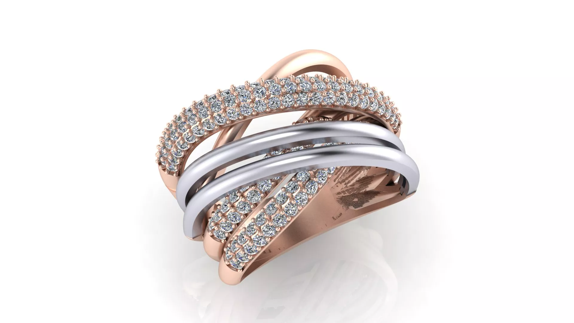Rose Gold Two Tone Wide Multi Strand Pave Diamond Ring 3D print model
