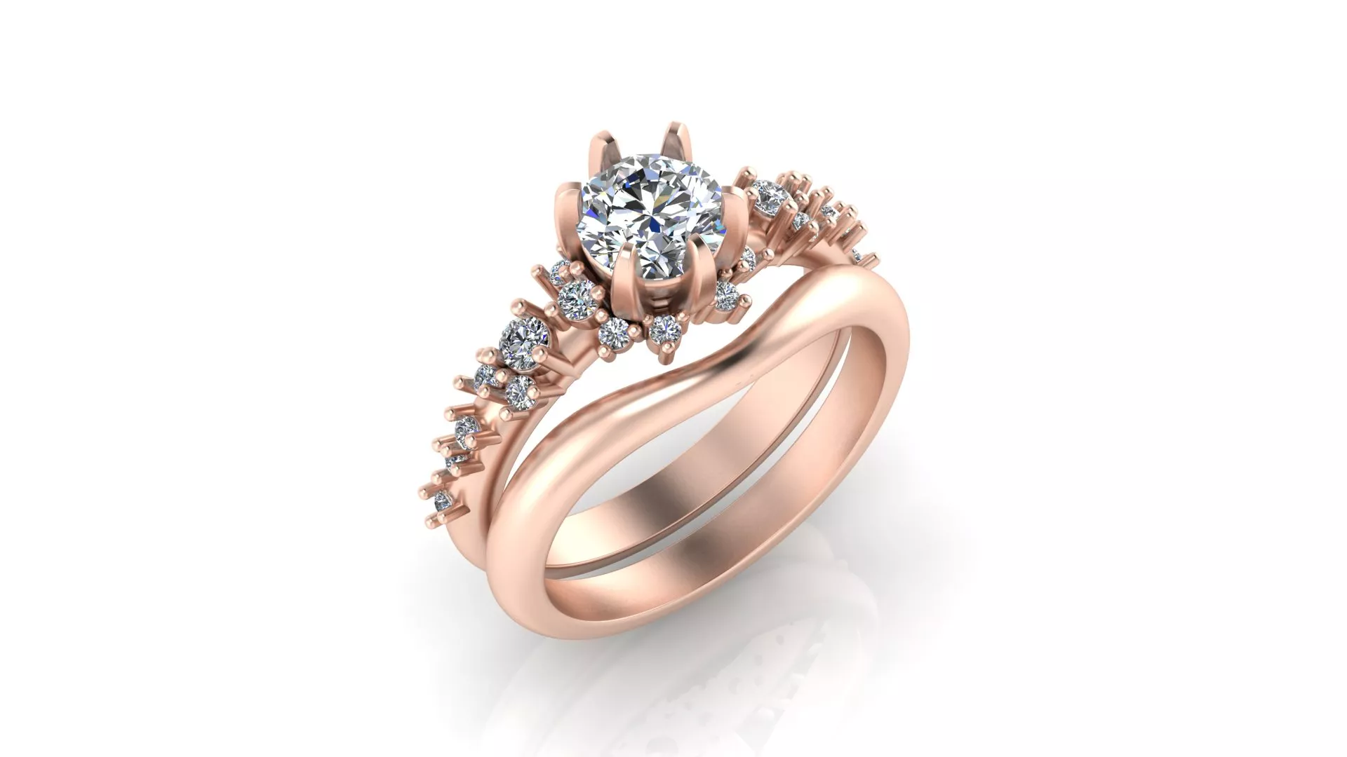 Rose Gold Diamond Round Solitaire Curved Bridal Ring Set 3D print model