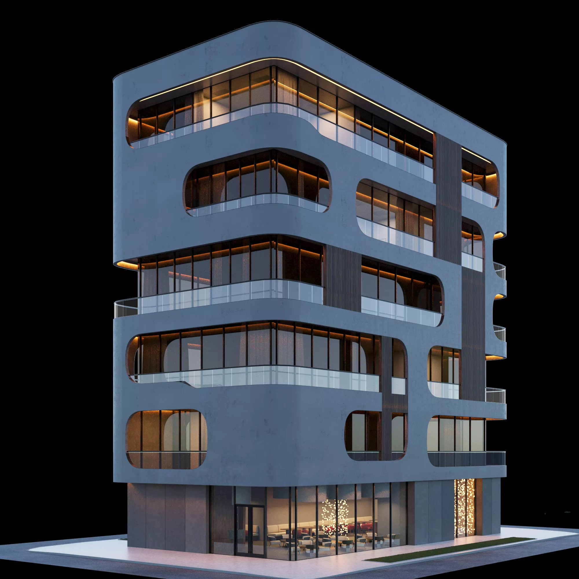 Modern apartment building with restourant 3D model