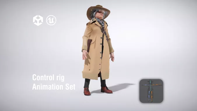 Old West Gunslinger with Long Coat and Hat low poly 3d model