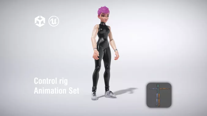Female character in a sleek black bodysuit with pink hair