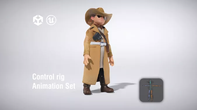 Cowboy character in a long coat with a hat and sidearm