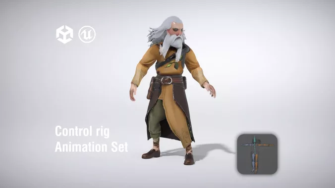 Elderly Wizard with Long Beard and Staff low poly 3d model