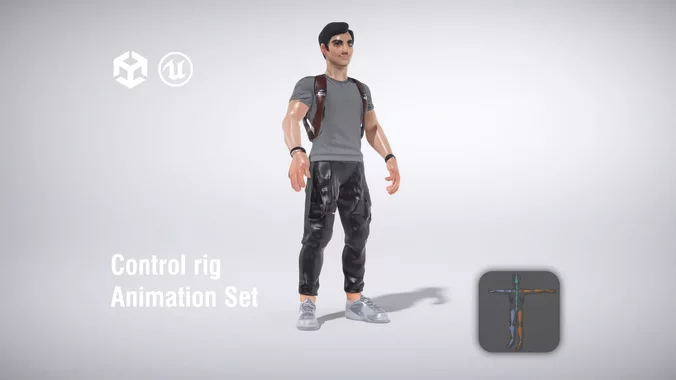 Casual Young Man with Backpack low poly 3d model
