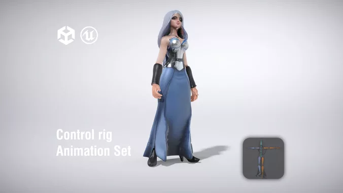Female character in a flowing blue gown with black accents