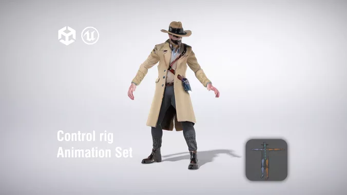 Cowboy character in a long coat with a revolver
