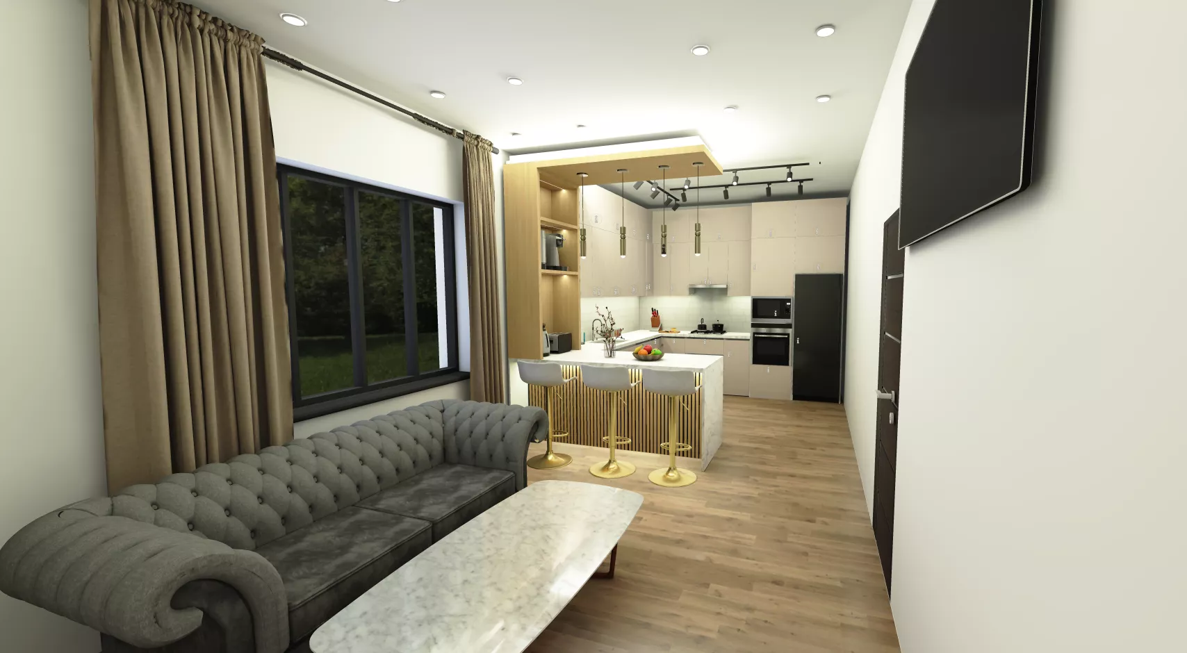 Modern Kitchen Interior Scene with Island and Bar Stools 3D model