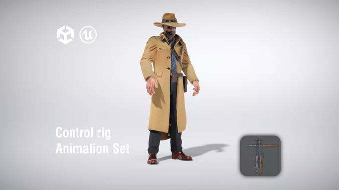 Detective in Trench Coat with Hat and Holster low poly 3d model