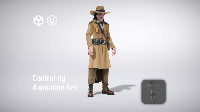 Western Gunslinger in Long Coat with Hat low poly 3d model