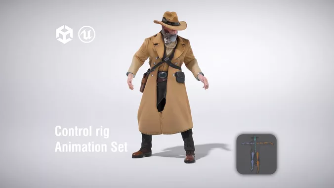 Cowboy character in a long coat with a hat and bandana