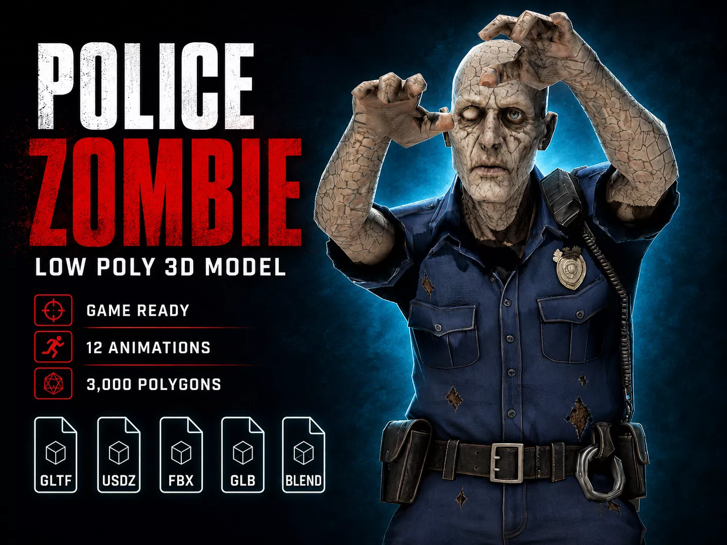 Police Zombie Game Ready Character with 12 Animations Low-poly 3D model