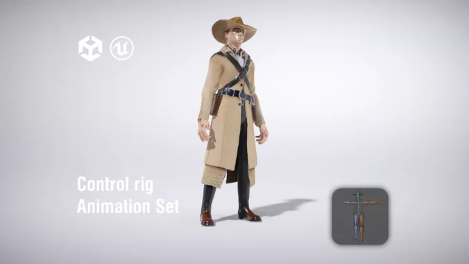 Cowboy with long coat and hat equipped with holsters