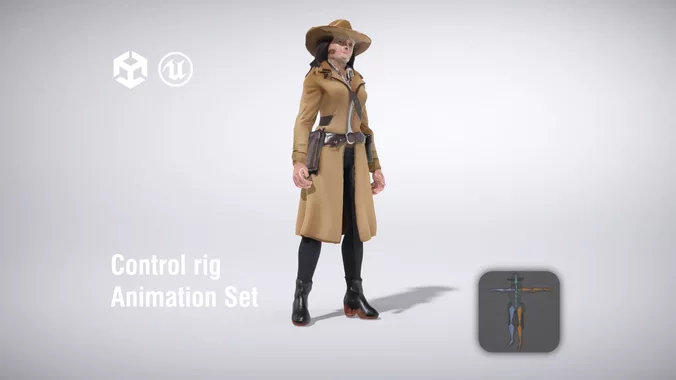 Cowgirl with a Long Coat and Hat low poly 3d model