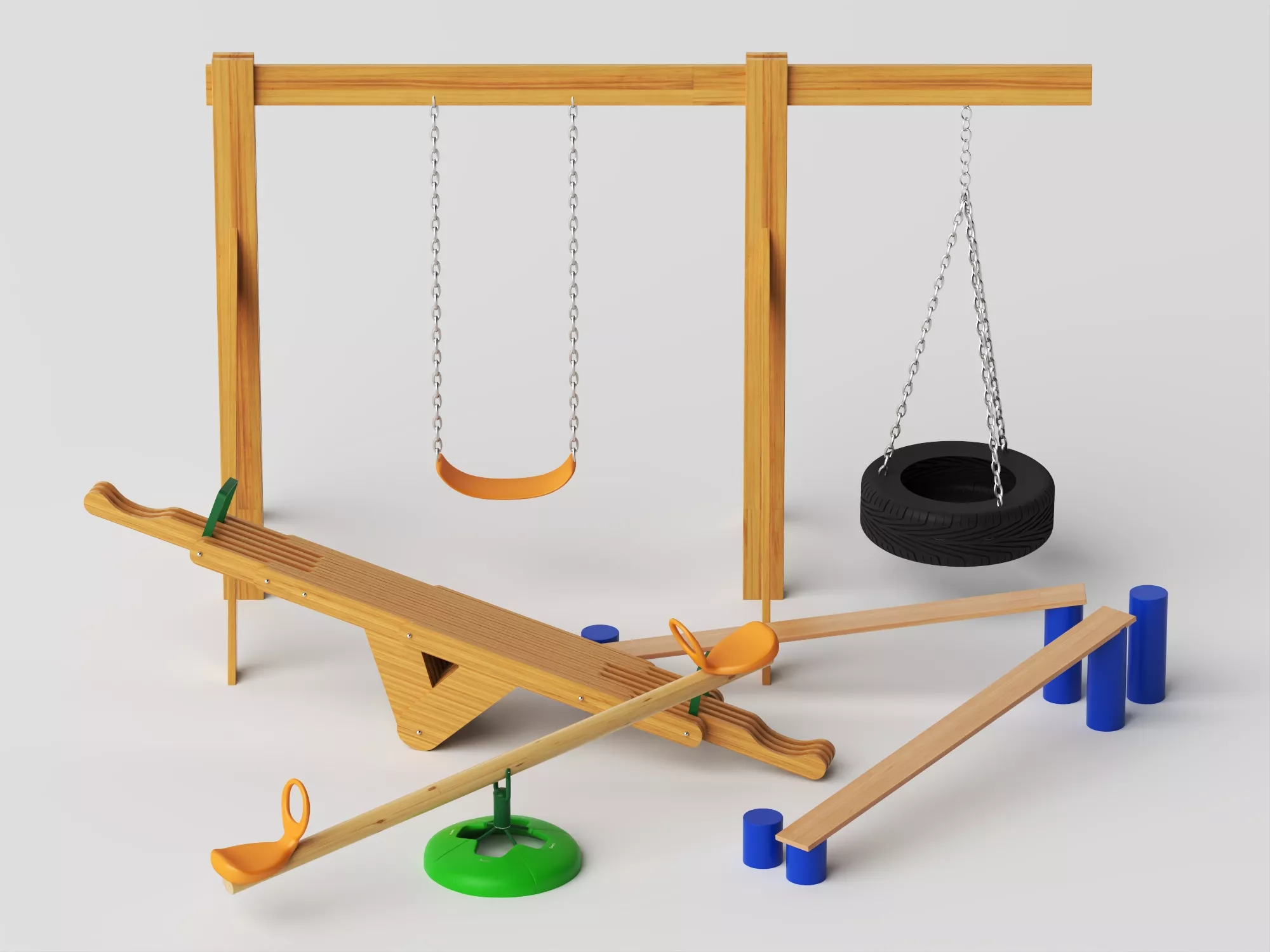 Wooden Kids Playground Equipment 3D Model Set Low-poly 3D model