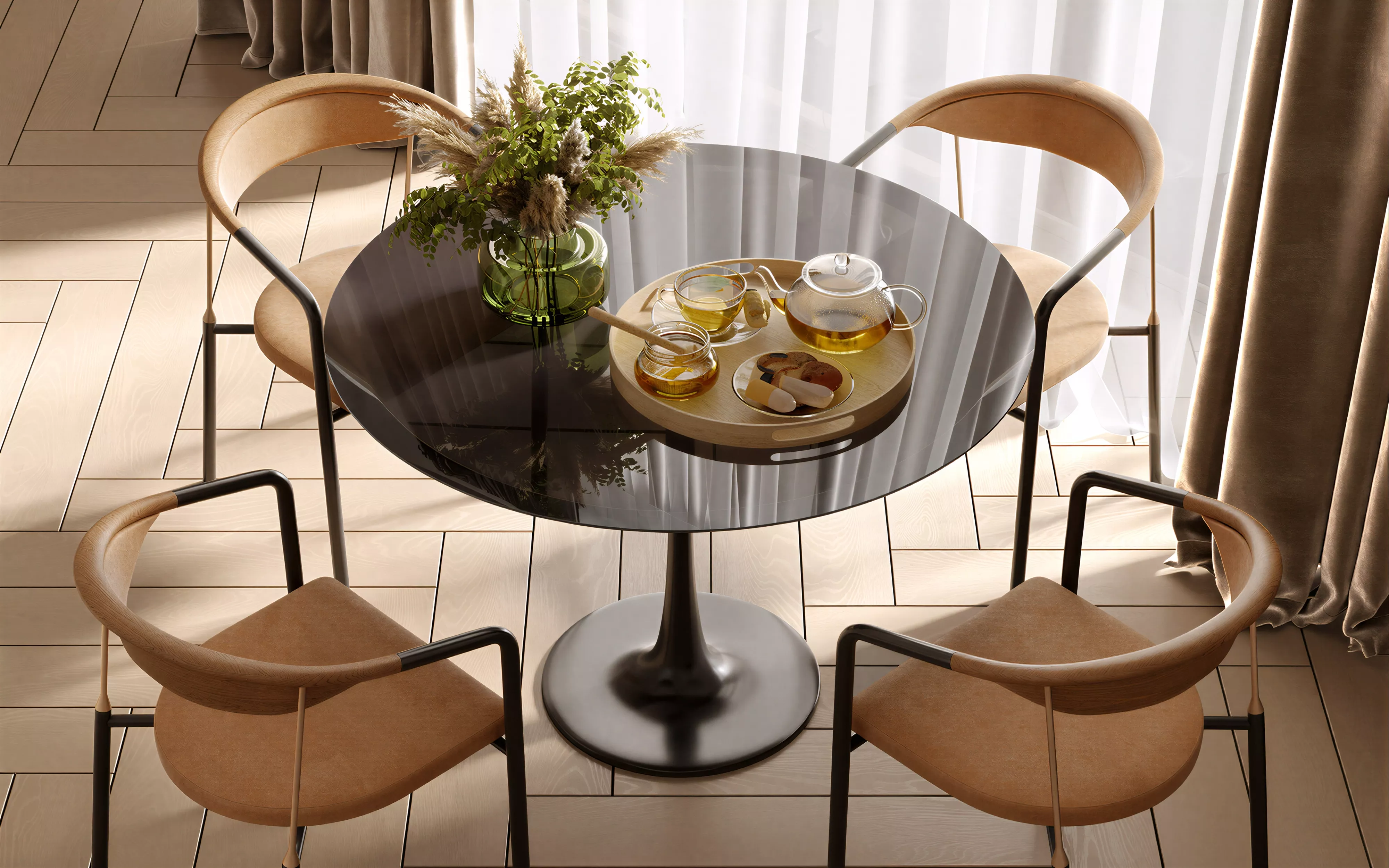Modern Round Glass Tea Dining Set 3D Model 3D model