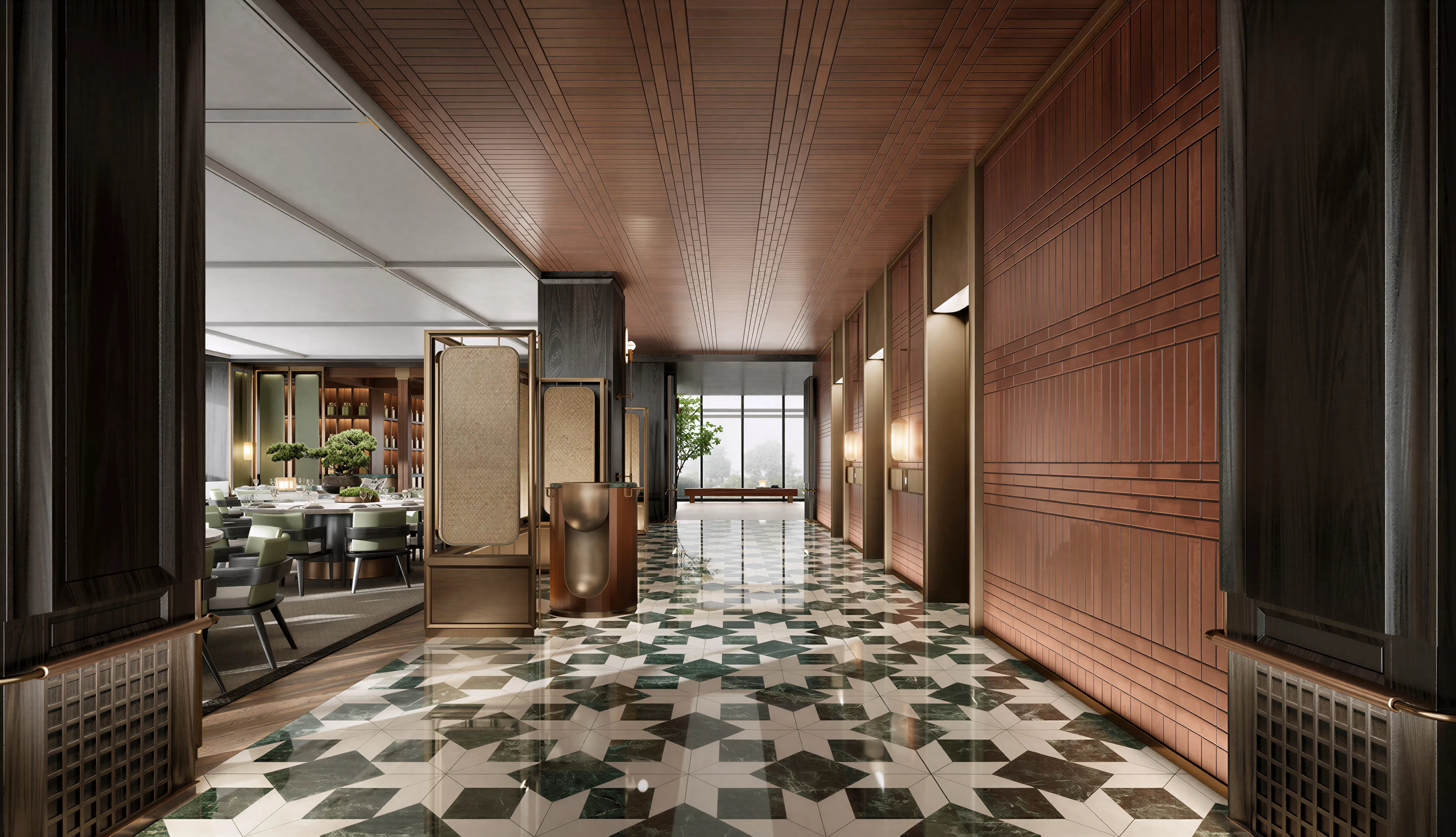 Luxury Wood Panel Hotel Corridor Lobby 3D Model 3D model