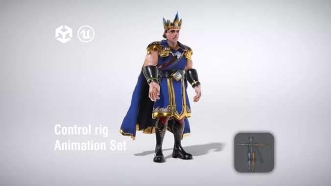 Royal King Character in Ornate Blue Robes with Crown