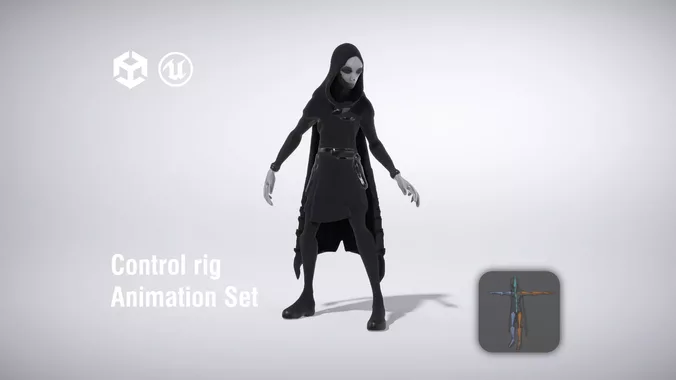 Mysterious hooded figure in dark attire low poly 3d model