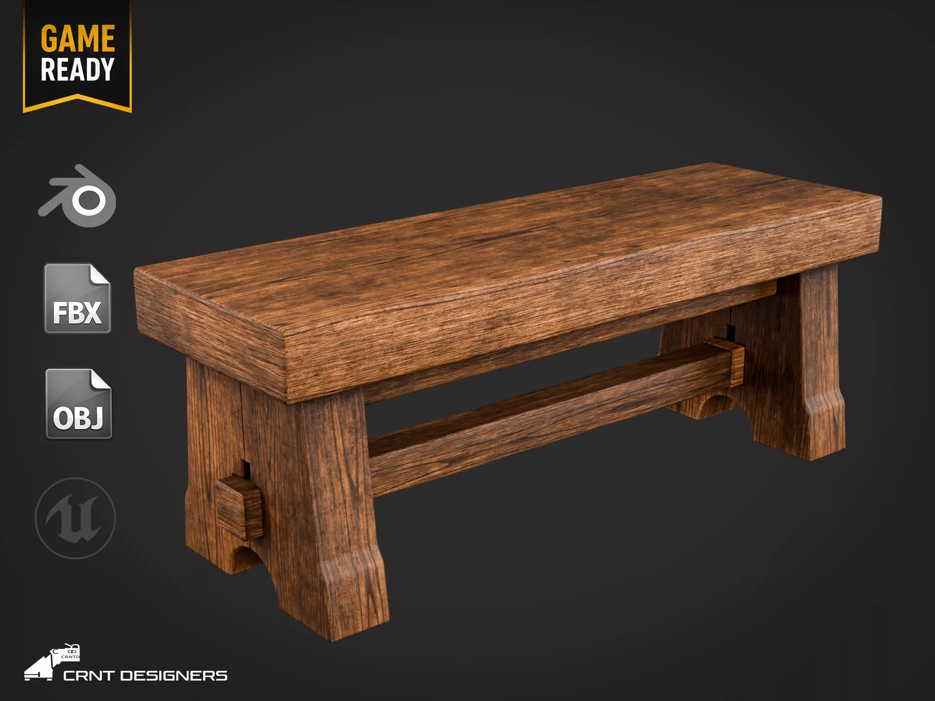 Medieval Wooden Bench - UE4 And UE5 Optimized Low-poly 3D model