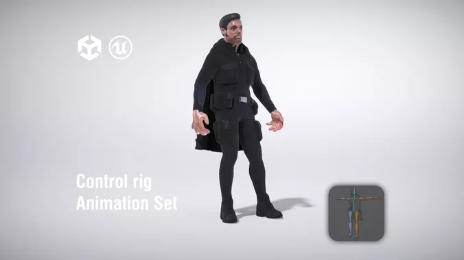 Male character in tactical outfit with cape and gear