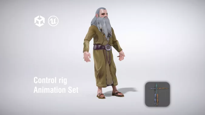 Elderly wizard character in long robe with sandals