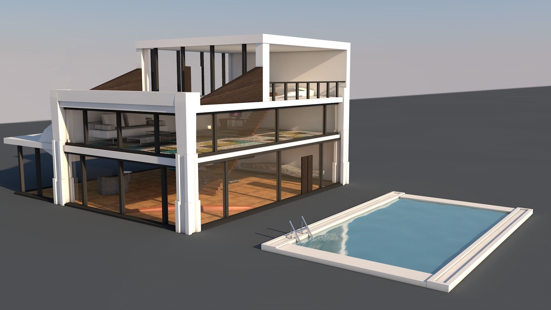 Realistic house modern with outdoor area Low-poly 3D model_0