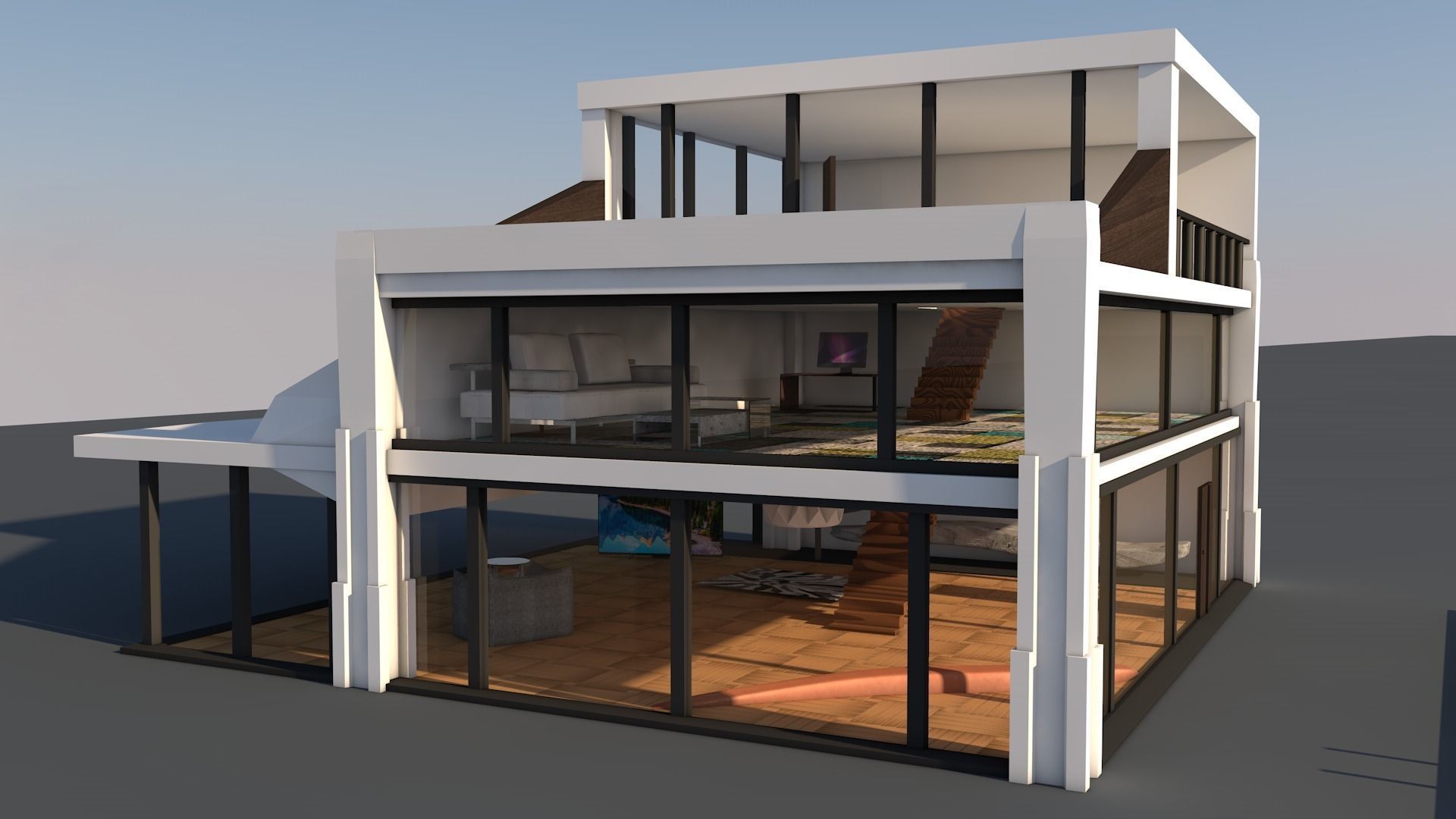 Realistic house modern with outdoor area Low-poly 3D model_1