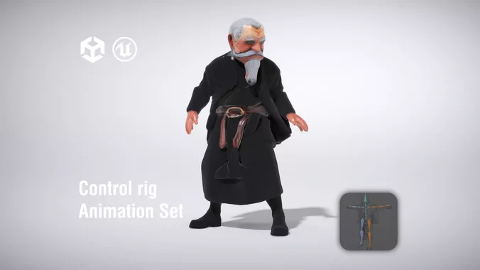 Elderly Wizard in Dark Robes with Belt low poly 3d model