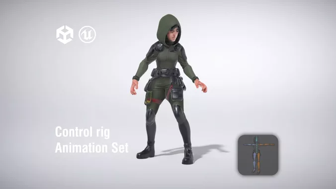 Female soldier in tactical outfit with hood and gear