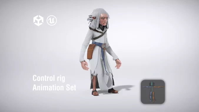 Elderly Wizard with Long White Robe and Magical Staff