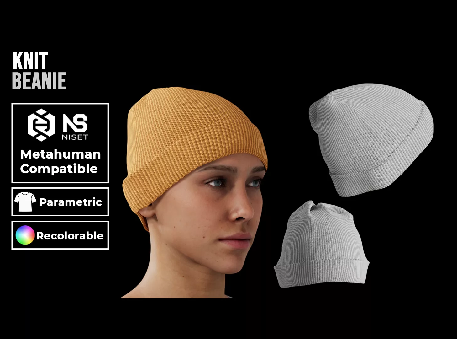 Knit Ribbed Beanie - Recolorable Parametric Hat for Metahuman Low-poly 3D model
