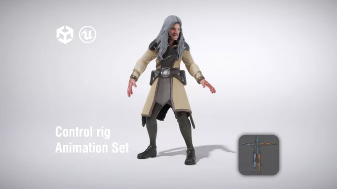 Fantasy character with long hair and a coat low poly 3d model