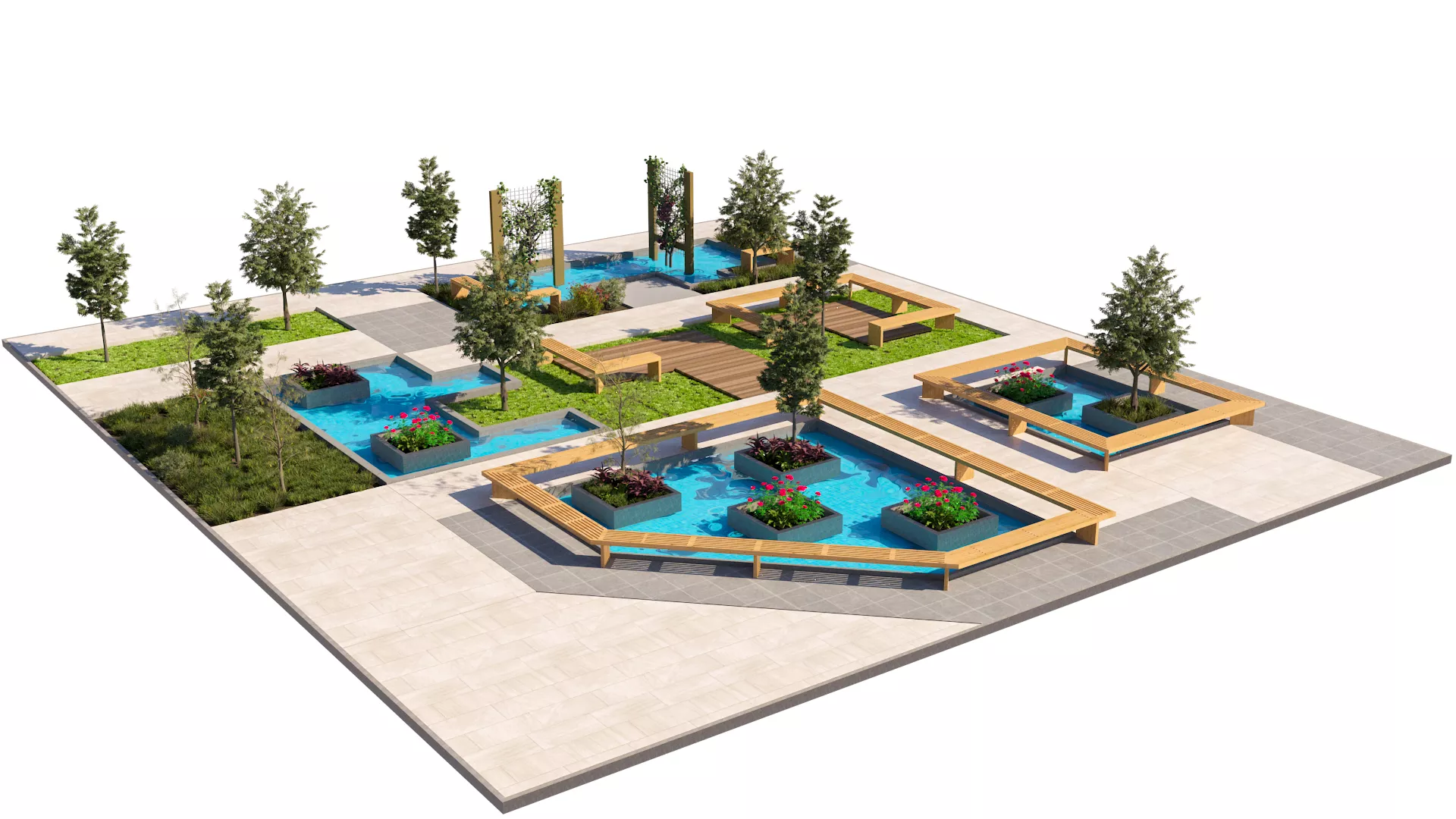 Public Park Water Feature Scene Low-poly 3D model