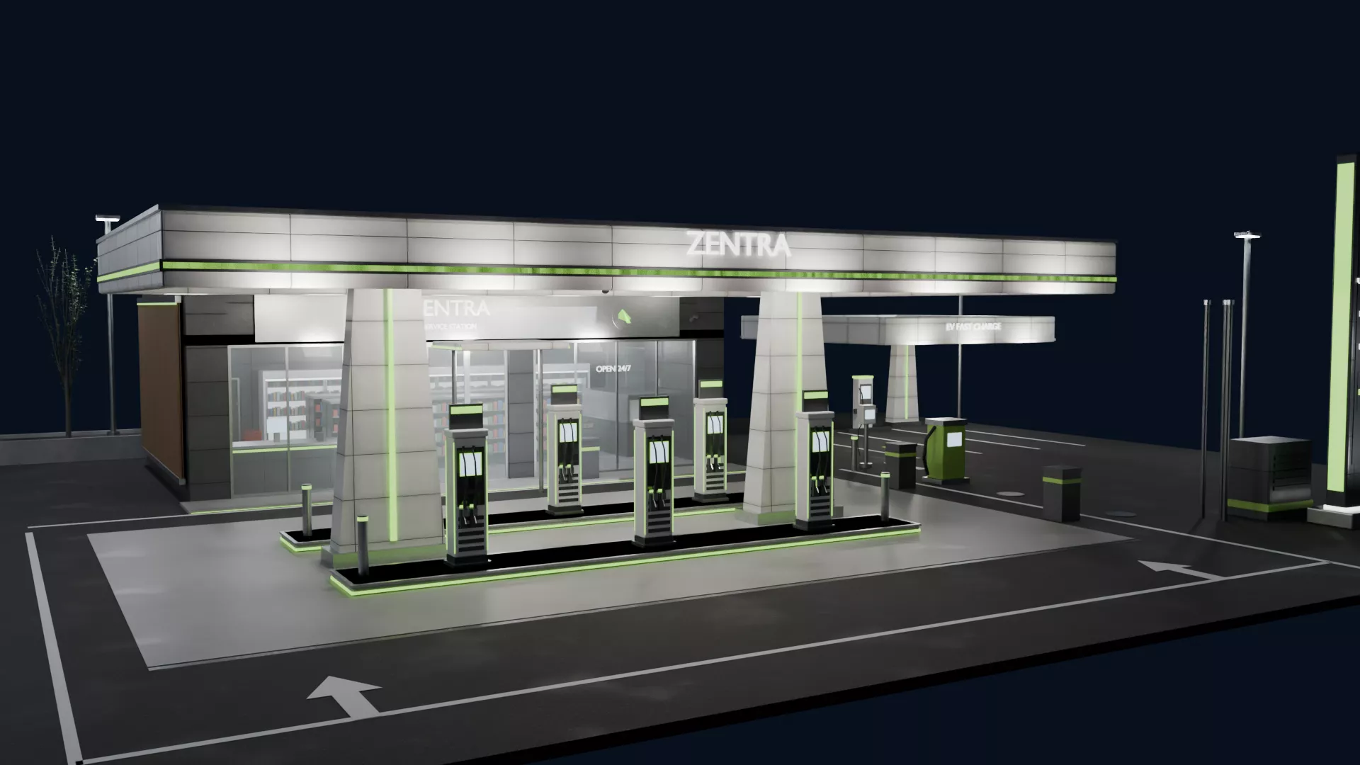 Modern Gas Station - ZENTRA Petrol Station with Shop and EV Bay Low-poly 3D model