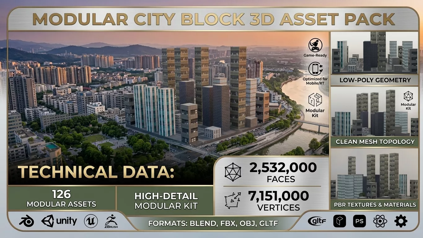 Low-Poly Modular City Block 3D Model Free low-poly 3D model