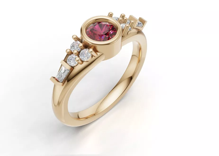 Round Diamond Cluster Ring with Baguette Side Stones Free 3D print model