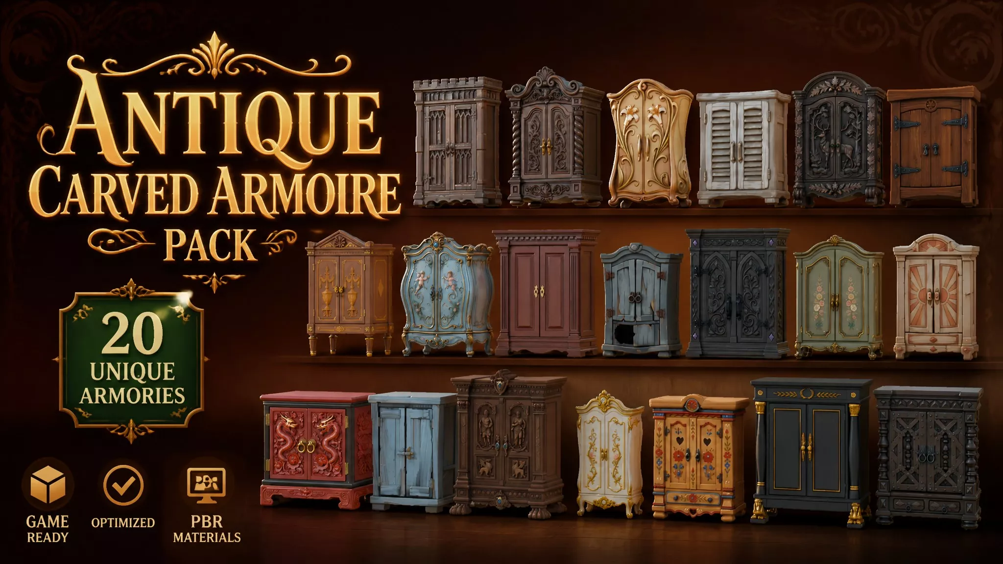 Antique Carved Armoire Pack Low-poly 3D model