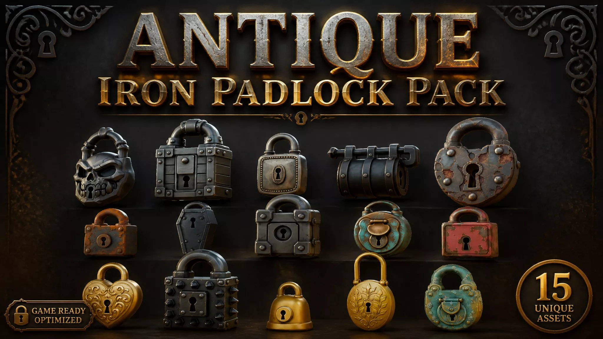 Antique Iron Padlock Pack Low-poly 3D model