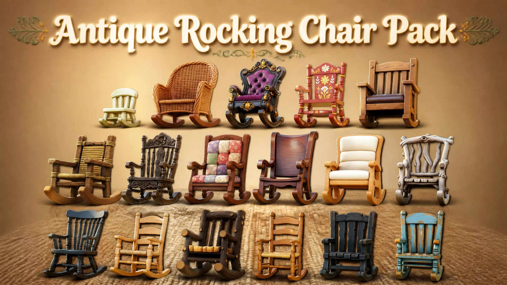 Antique Rocking Chair Pack Low-poly 3D model