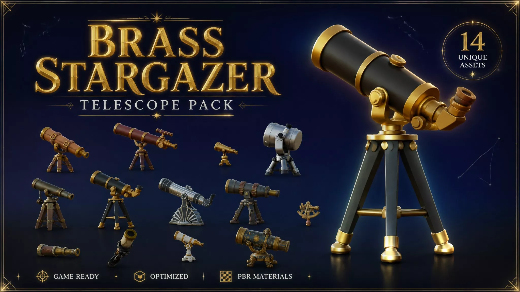 Brass Stargazer Telescope Pack Low-poly 3D model