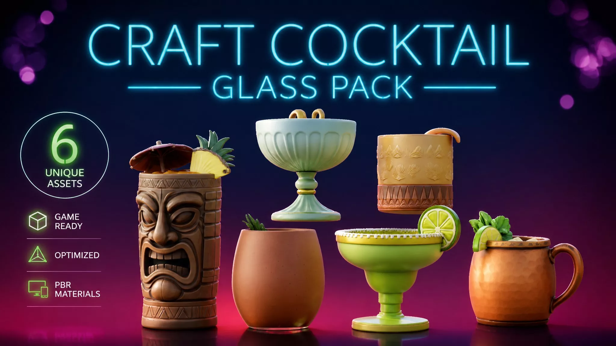 Craft Cocktail Glass Pack Low-poly 3D model