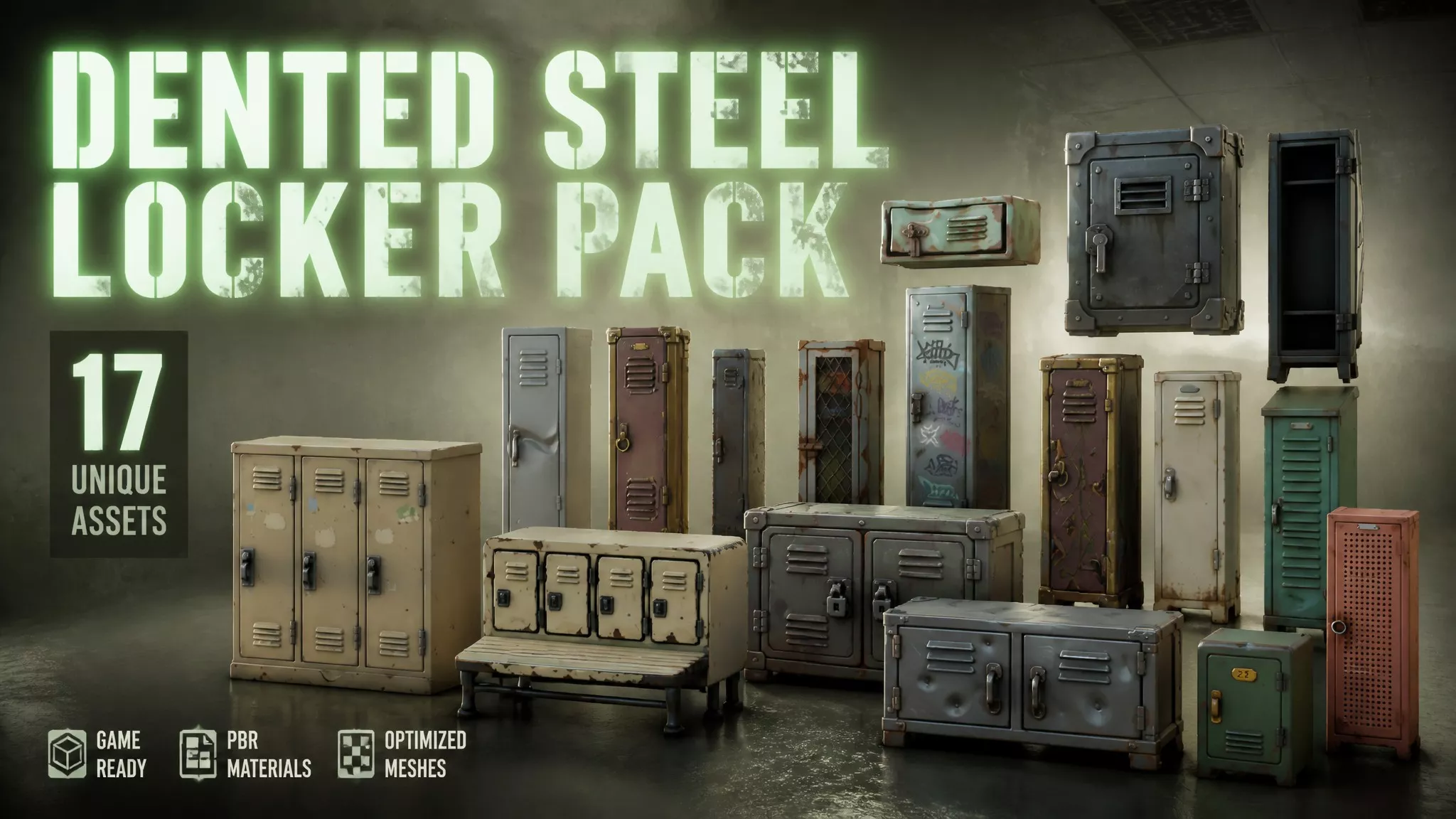 Dented Steel Locker Pack Low-poly 3D model
