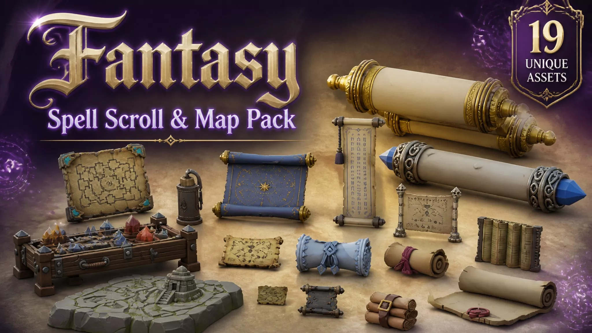 Fantasy Spell Scroll and Map Pack Low-poly 3D model