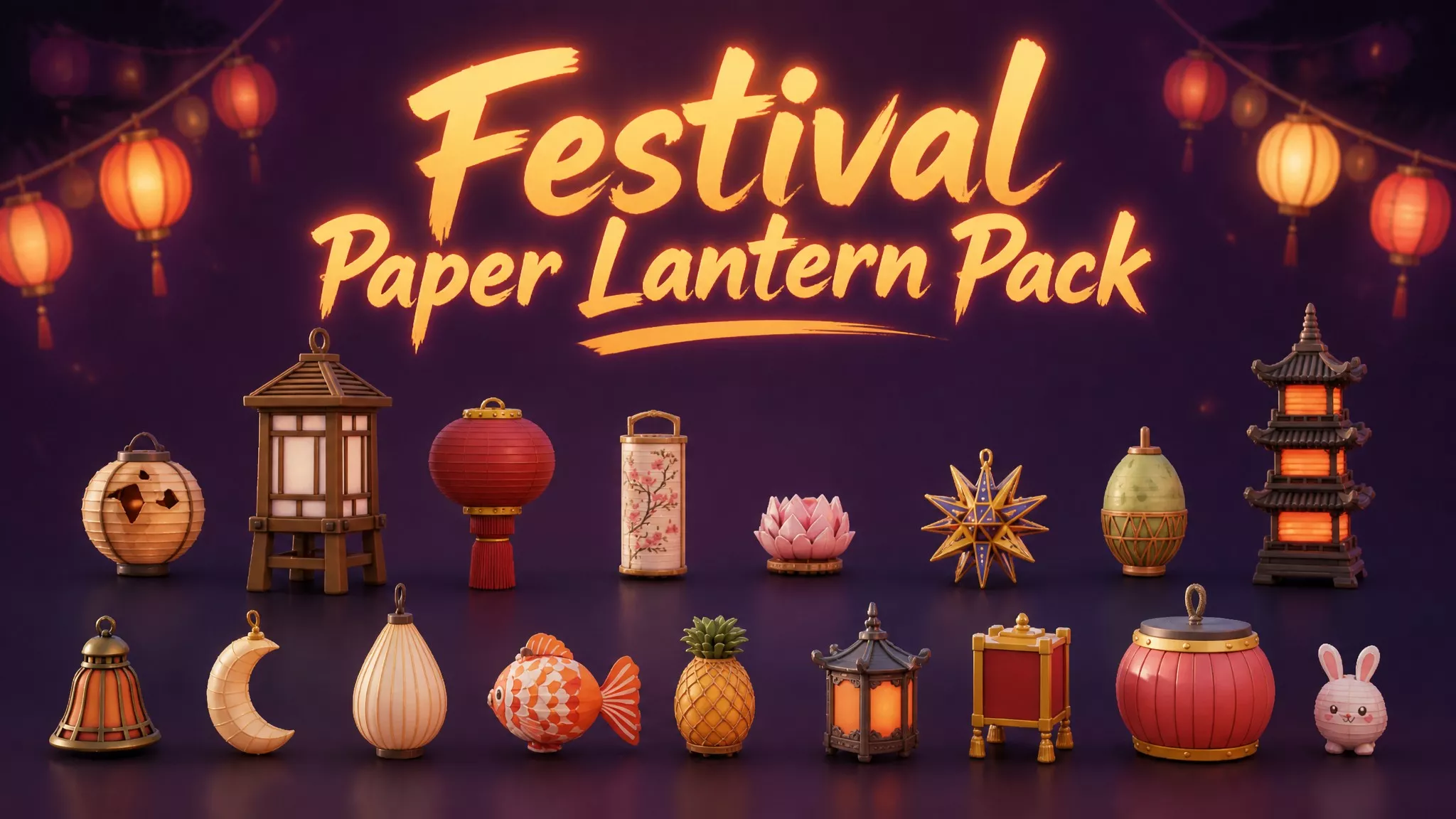 Festival Paper Lantern Pack Low-poly 3D model