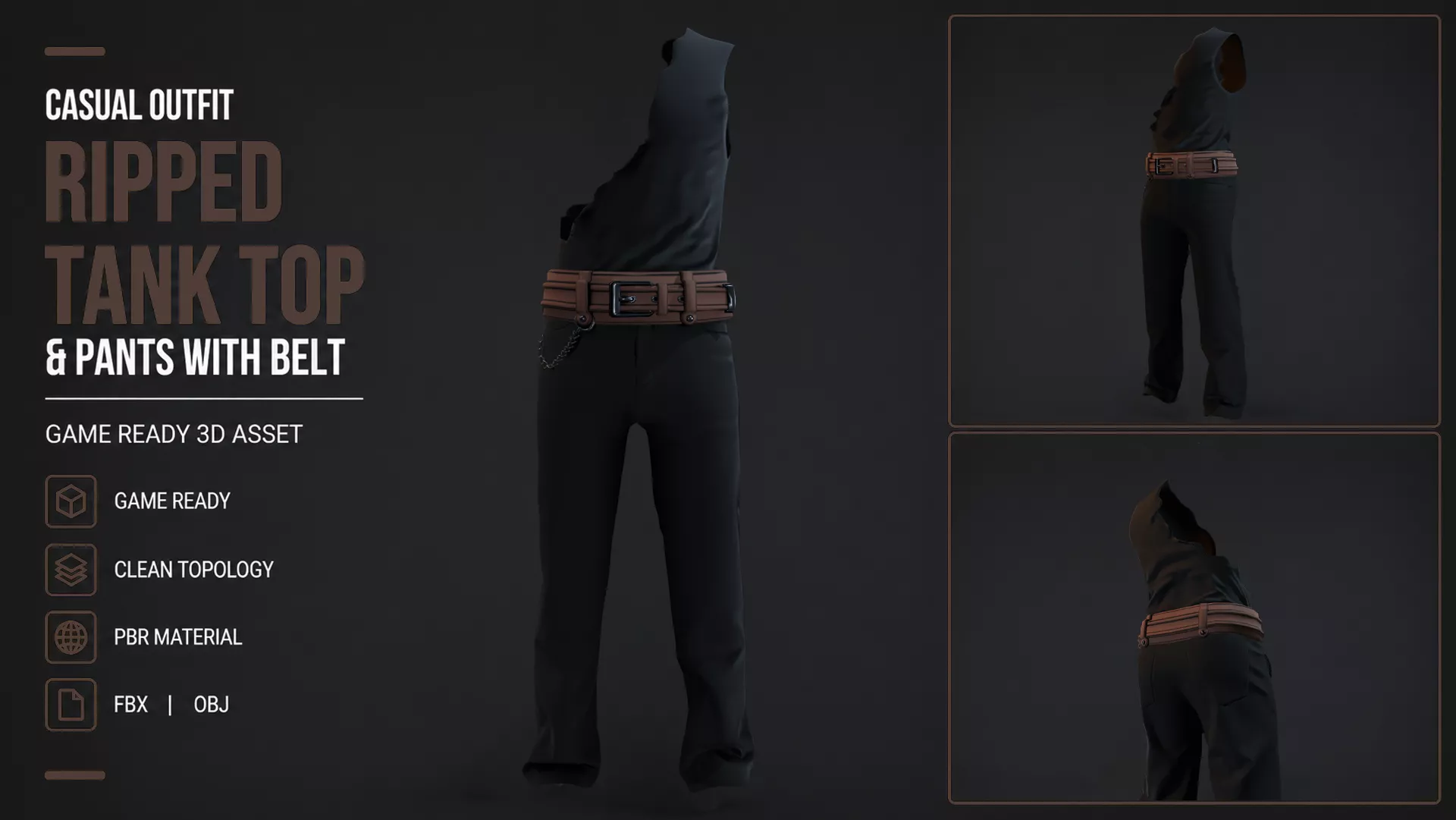 Outfit Ripped Tank Top Pants and Belt GameReady Low-poly 3D model