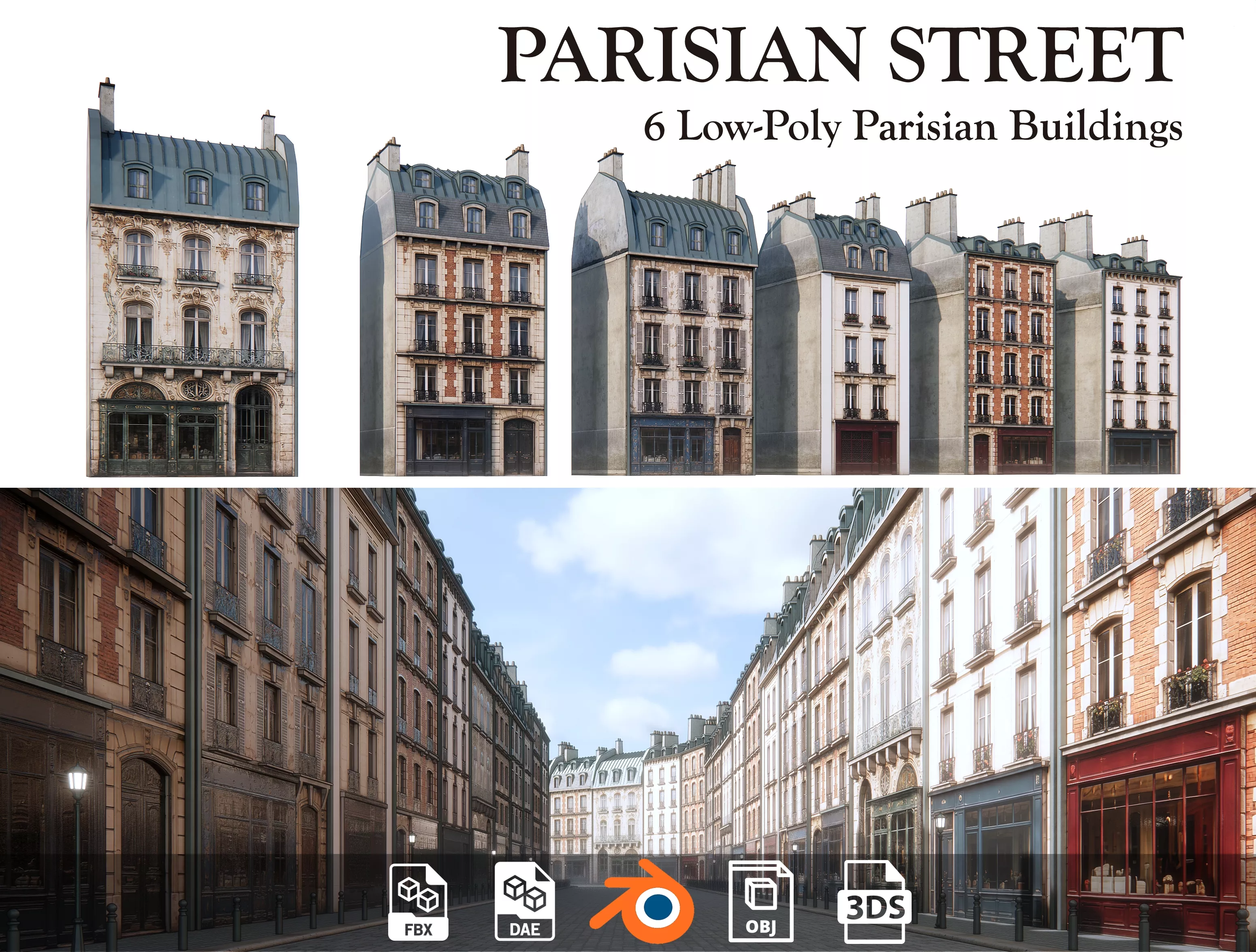 Parisian Street Buildings - 6 Low Poly Buildings Collection Low-poly 3D model