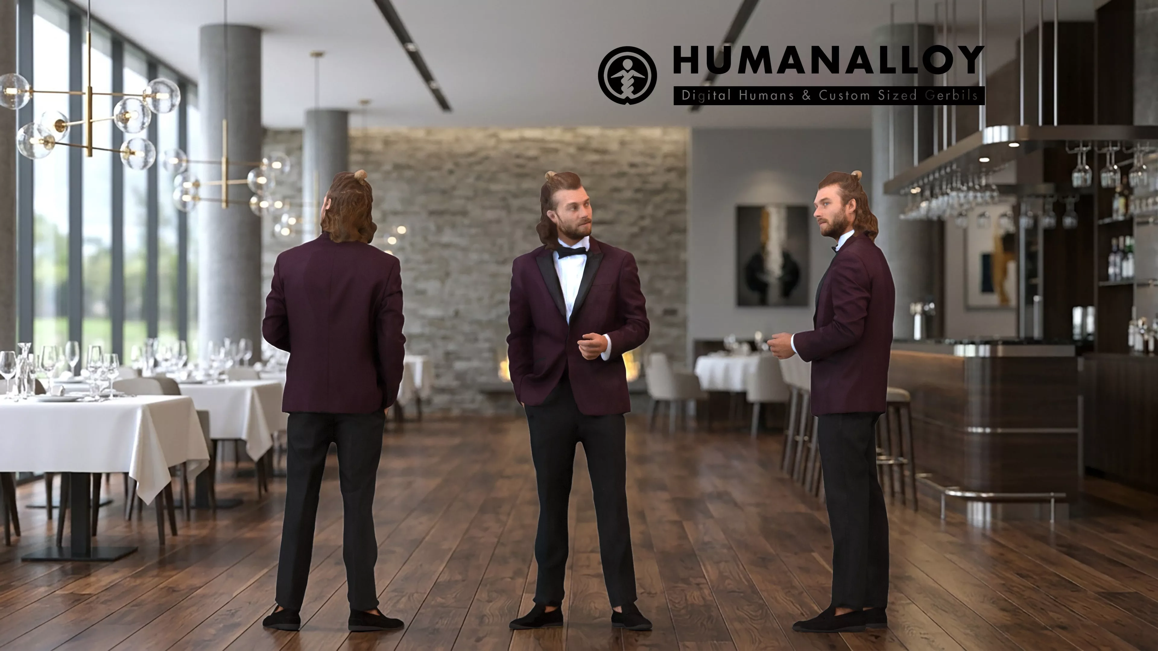 Adult Caucasian man standing in restaurant setting wearing 3D model