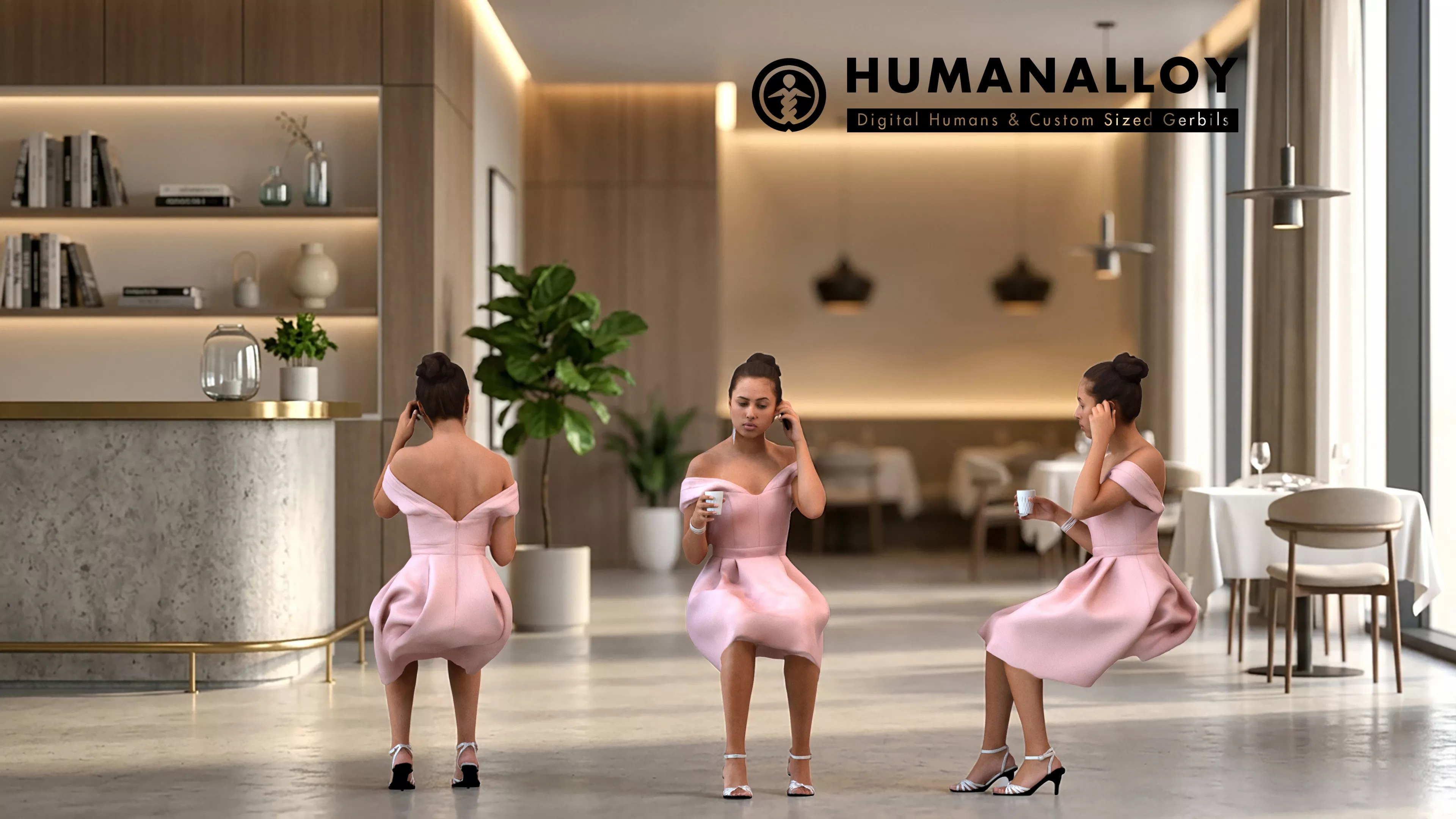 Adult Indian woman making phone call in restaurant wearing 3D model
