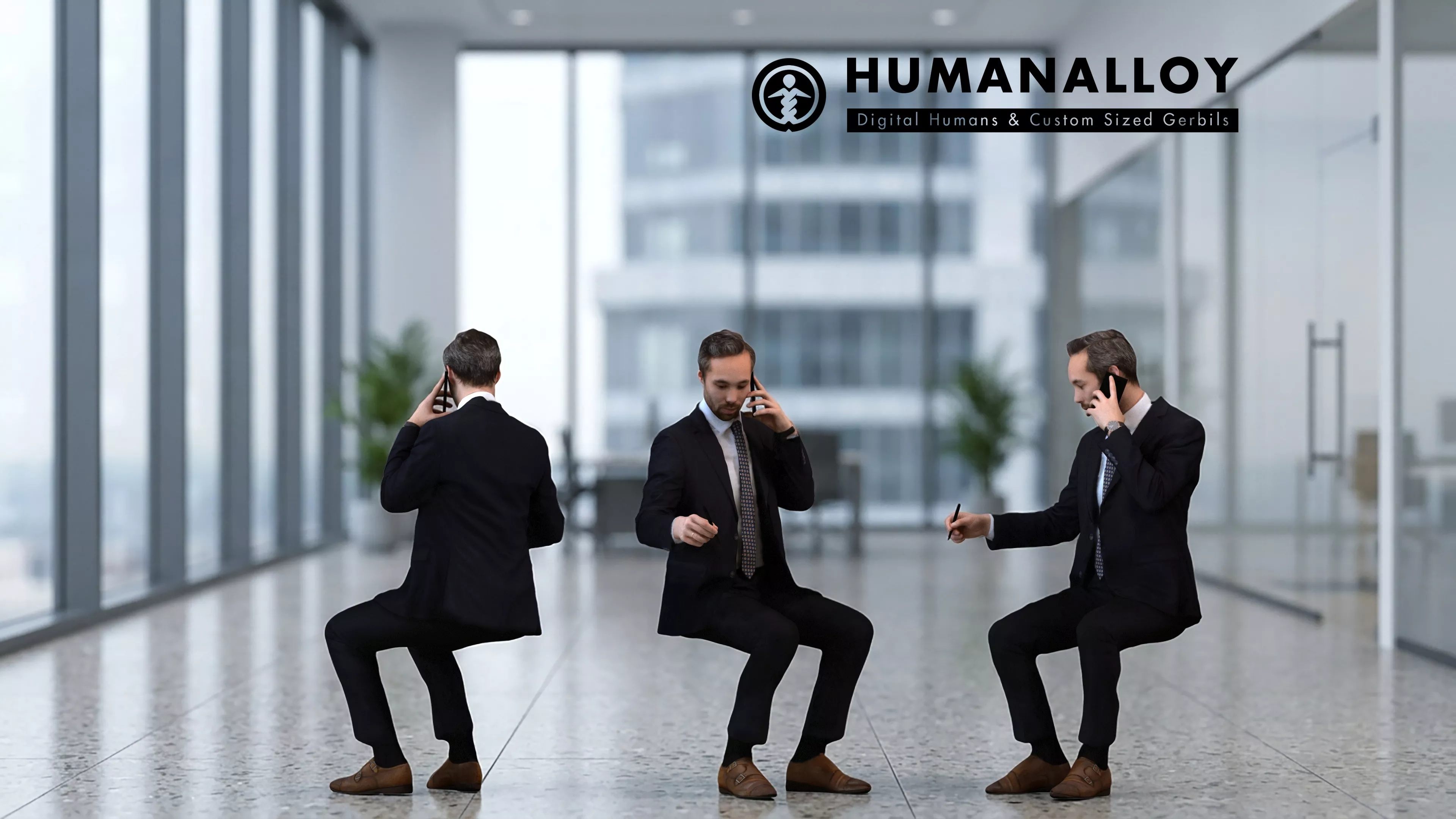Adult Caucasian man making phone call in office wearing 3D model